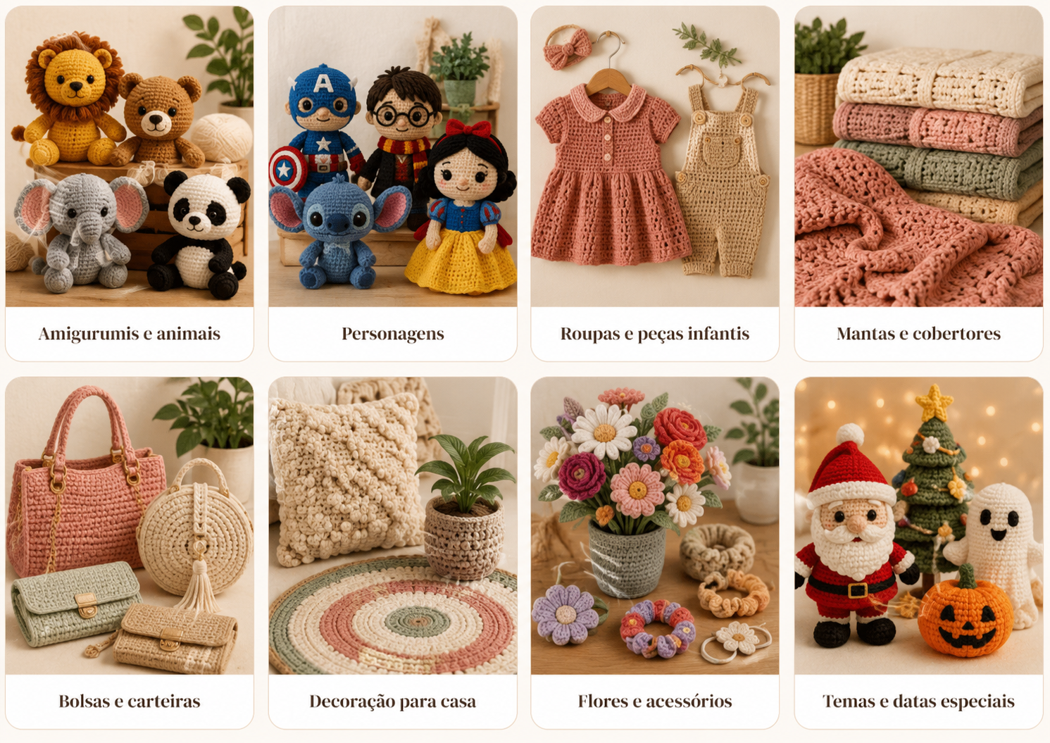 Categorias de receitas: amigurumis e animais, personagens, roupas e peças infantis, mantas e cobertores, bolsas e carteiras, decoração para casa, flores e acessórios, temas e datas especiais.